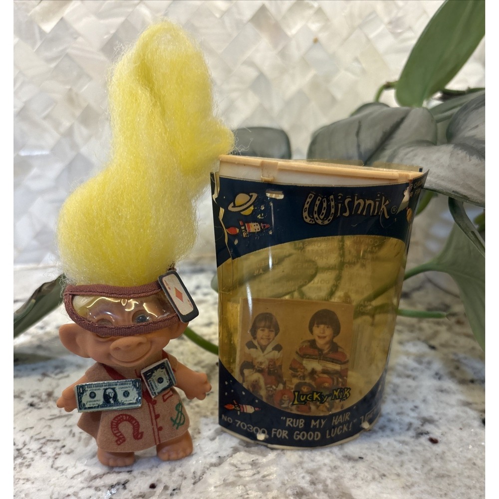VTG Wishnik Troll Doll Lucky NIK Rub My Hair Good Luck #70300 Gamble Casino Cash